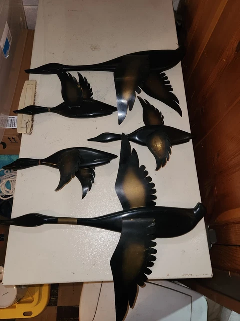 Vintage Wooden Ducks Geese w/Metal Wings Set of 5  Adults x2 and Babies x3