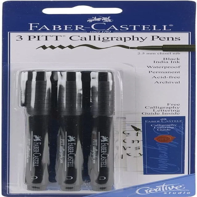 Faber-Castel PITT Calligraphy Pens Chisel Tip, 2.5mm, Black, 3-Pack Black