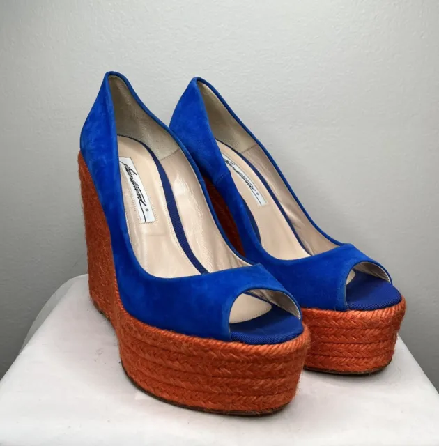 Brian Atwood Espadrilles Royal Blue Suede Orange Wedge Heel Peep Toe Size 8