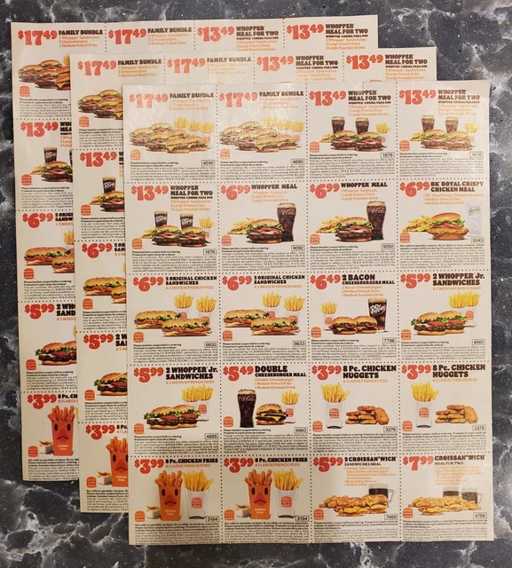 BURGER KING COUPONS (3) Sheets. 60 Coupons total. (Exp. 12/31/2023) 4.