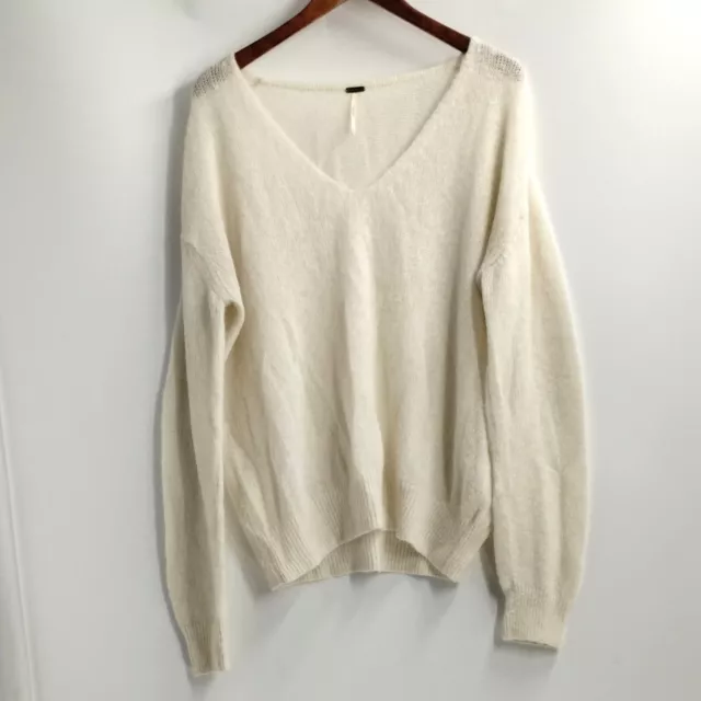 Free People Sweater Alpaca Blend V-Neck Fuzzy Soft Oversized Sheer Medium*