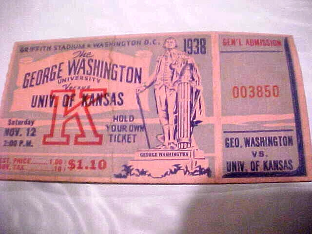 1938 George Washington vs Univ of Kansas  Football Ticket  Griffith Stadium