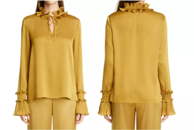 NWD LAFAYETTE 148 New York Honey Yellow Satin Roan Ruffle Tie Neck Blouse S 4/6