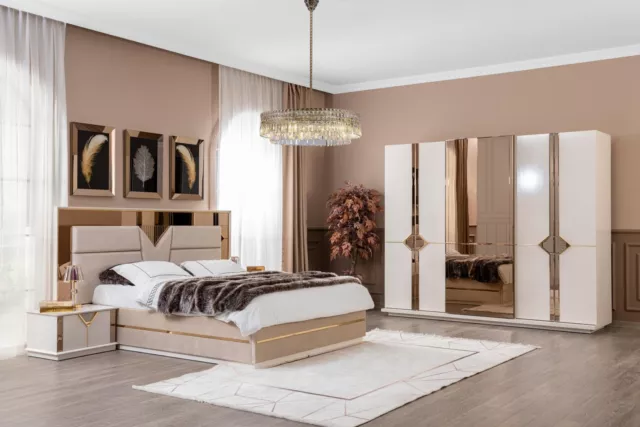 Chambre à Coucher Set Lit 2x Table de Chevet Penderie 4tlg Luxe Meuble