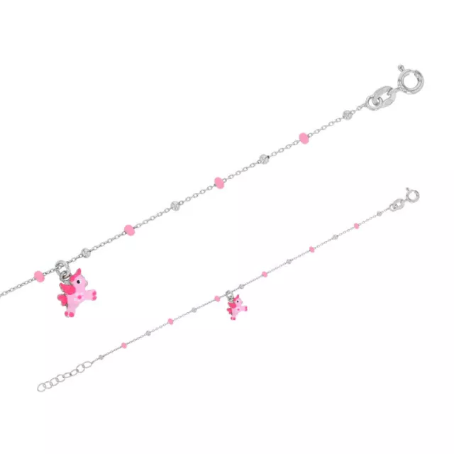 Bracelet pampille licorne, boules émaillées rose, argent 925/1000 rhodié