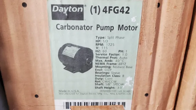4FG42 Carbonator Pump Motor,  1/3 HP, 1725 RPM, 115 Vac, New