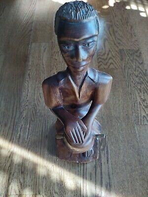Hand Carved Wood African Figure Man with Drum Tribal solid 20"H
