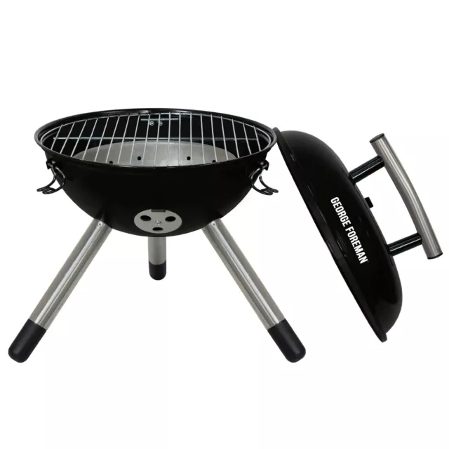 George Foreman Charcoal BBQ Compact Portable Round Chrome Grill GFPTBBQ1401B