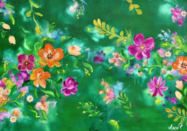 Floral painting on canvas, green painting, flower oil painting, flower art