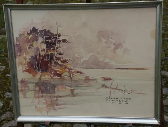 original Ernst HUBER Mälar See 1953 Aquarell MÄLAREN Herbststimmung E.Huber Wien