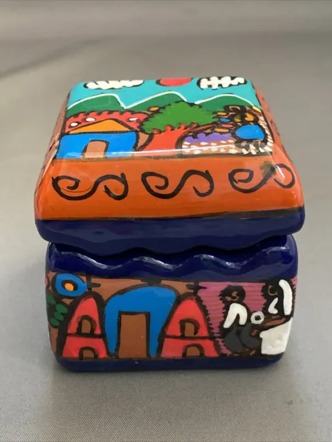 Vtg Mexican Wedding Folk Art Red Clay Pottery Hand-Painted Small Trinket Box