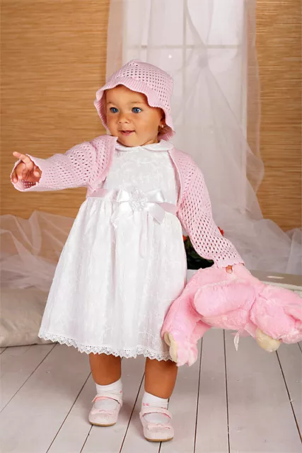 ABITO da battesimo bambina (3pz) vestito CERIMONIA bianco rosa manica corta 1169