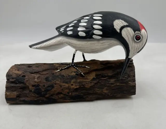 Hand Carved Wooden Downy Woodpecker 7.5" Pair On Log Wall Hanger
