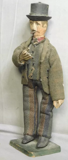 Antique Folk Art Figure Man Top Hat Cigar Carved Wood Wool Fabric 1890s Vintage