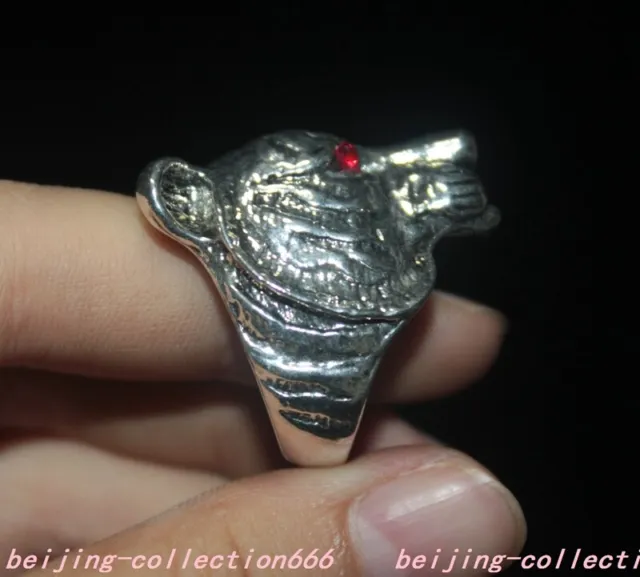 1.2" Chinese Tibetan silver Inlay gem Feng Shui ward off evil Tiger head ring