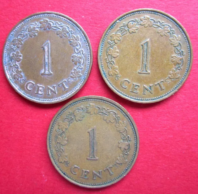 Malta Three Very Collectable  Good Grade Pre Euro One Cent Coins  All Dated 1972 2