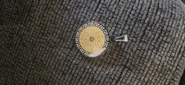 FINI Mexican Mayan Aztec Calendar Pendant two tone gold & silver metal