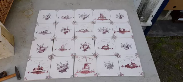 Set of 20  old dutch delft manganese Tiles. Landscape and fruitbasket