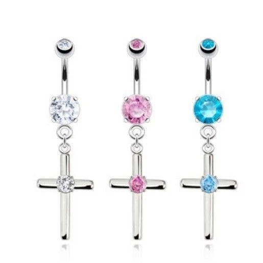 Center Cz Gem Steel Cross Belly Navel Ring Dangle Button Piercing Jewelry B675