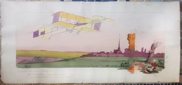 poster stampa antica aeroplano 1910 litografia acquerello Marguerit Gamy renault