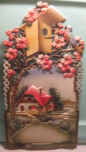 Old German Cardboard Diecut Bird Birdhouse & Country Cottage Wall Pocket
