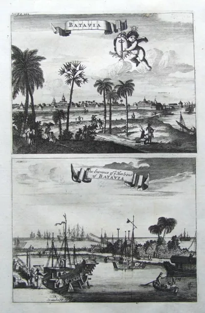 JAKARTA, JAVA, JAWA, CHURCHILL'S VOYAGES,Pair of original  antique prints 1744.