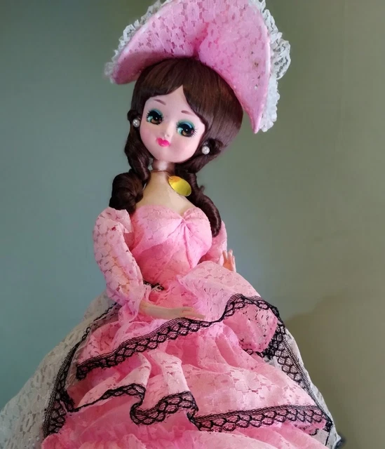 Vintage Bradley Big Eye Doll 70’s Pink & Ivory Fancy Dress Retro 19 Inches Tall