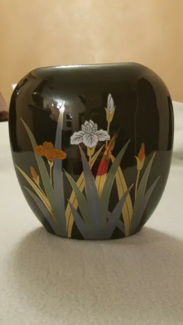 Otagiri Japanese Vintage Black Oval Floral Iris Vase 7"