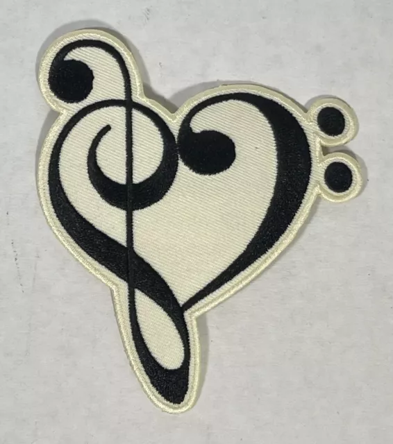 Treble Bass Clef Music 4" Heart Shape Iron On Patch