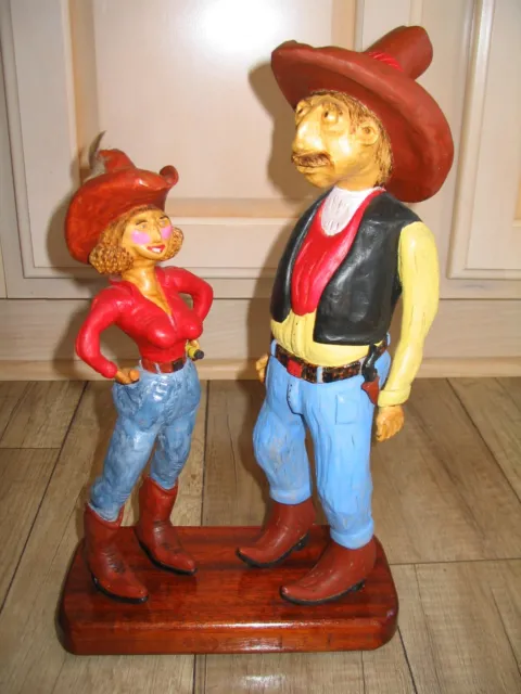 Wood Carving of an Old Cowboy and His Lady - One-of-a-Kind - Hand Carved