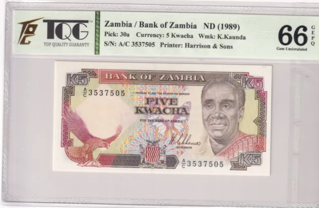 1989 Zambia 5 Kwacha Pick#30a  66 EPQ Gem UNC