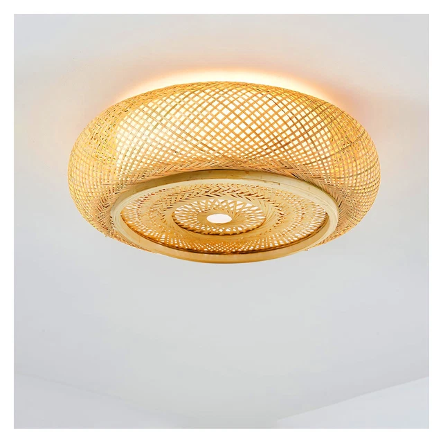 16"Vintage Bamboo Ceiling Lighting Fixtures Rattan Flush Mount Ceiling Light