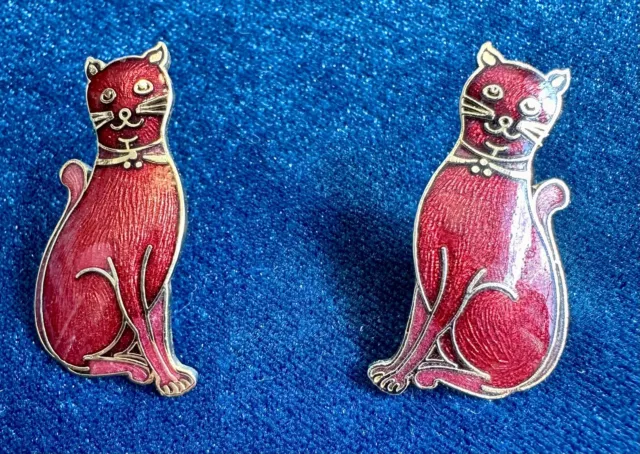 Pendientes De Colección De Esmalte Cloisonne Rojo Gato Caprichosos Bonitos