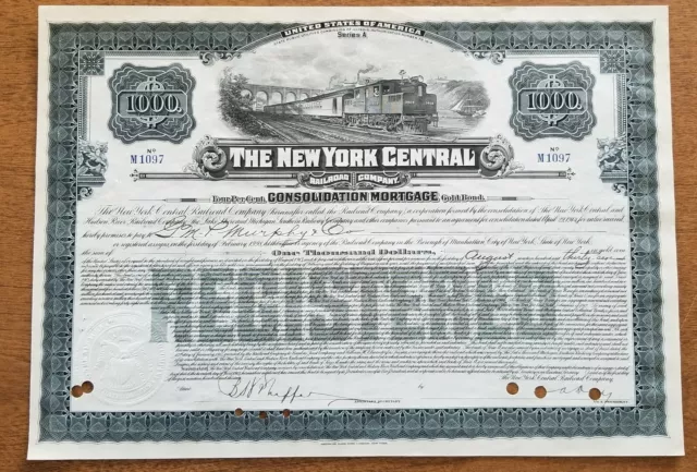 1913 $1,000 New York Central Railroad Company Bond Stock Certificate