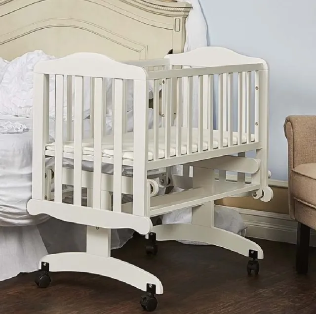 Baby Crib with Mattress Pad Portable White Wood Glider Rocking Nursery Furniture