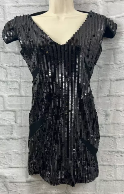 TFNC London Glamour Bodycon Dress Black Sequin Size L 12 14 Cap Sleeve V-Neck