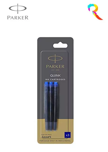 Geniune Parker Quink Ink Fountain Pen Cartridges Black Refills Pack of 3