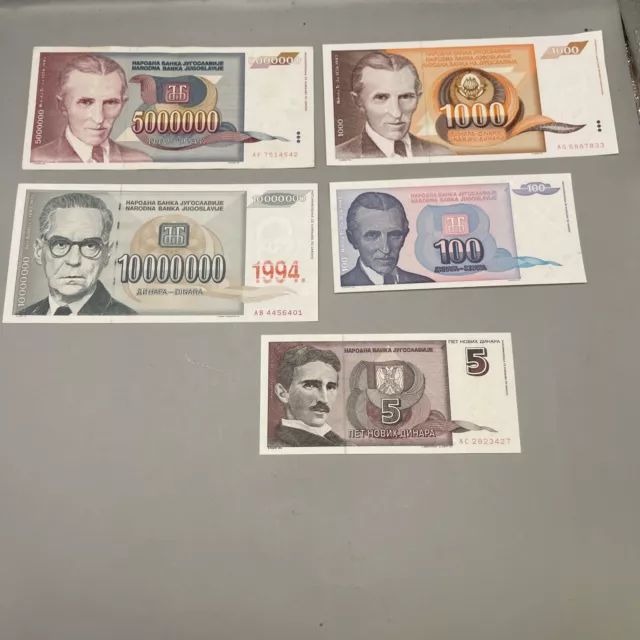 Lot Of 5 Nikola Tesla Memorabilia (1994) Banknote Yugoslavian Currency