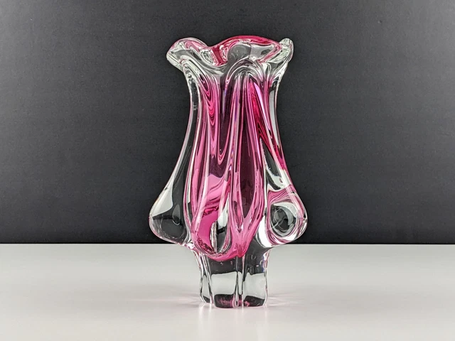 Chribska 119/3/23 Pink and Clear Lobed Glass Vase, 1970's Czech Art Glass