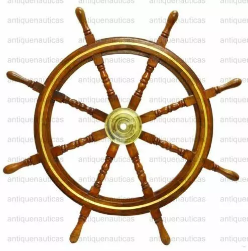 36" Brass Wooden Steering Nautical Beach Maritime Boat Ships Wheel Captains