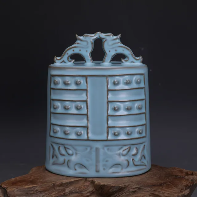 6.4" China antique Song dynasty Ru Kiln Azure glaze bronze Flat bell