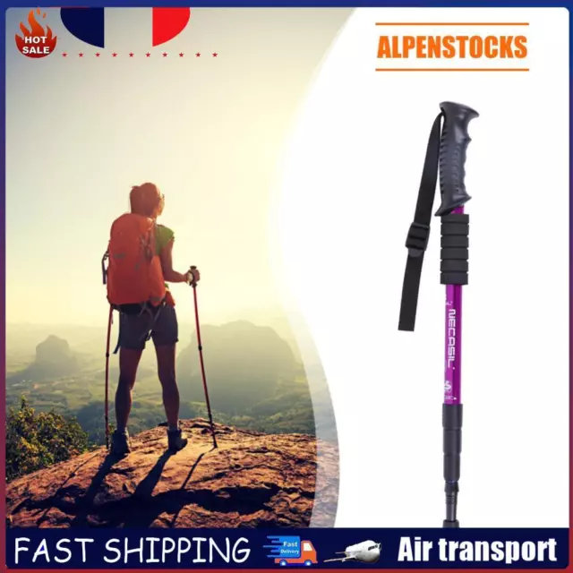 Trekking Pole 4 Sections Aluminum Telescopic Hiking Walking Cane (Purple) FR