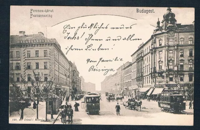 AK- Litho Budapest- Franzenring-Straßenansicht-Straßembahn mit Leute ca.1900