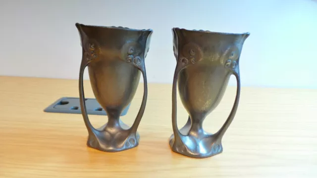 BK270: Pair of Antique 19th Century German “Kayserzinn Jugendstil” Pewter Vases