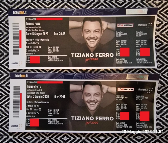 2 Biglietti Concerto Tiziano Ferro 15 Giugno 2023 Milano San Siro 2° Anello Blu
