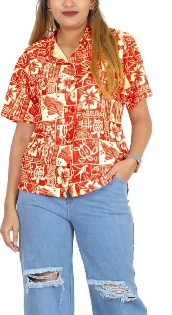 LA LEELA Hawaiian Shirts Womens Casual Summer Beach Party Shirt M Floral, Red