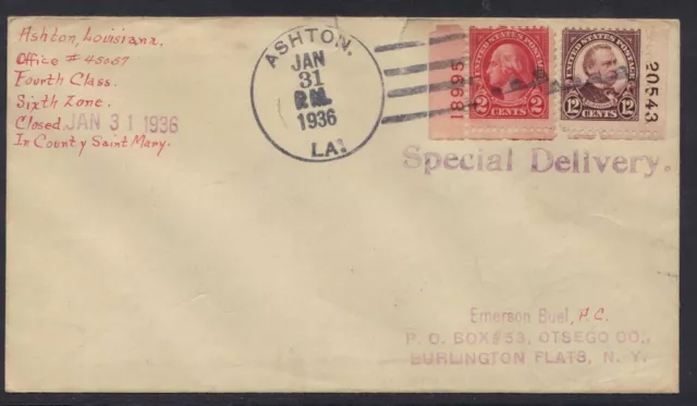 US 1936 ASHTON, LA DPO CLOSED JAN. 31, 1936 TYING SINGLES W/PLATE # Sc. 633, 693