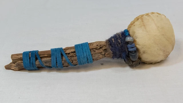 Native American Wood and Rawhide Beaded Rattle (MBP82)