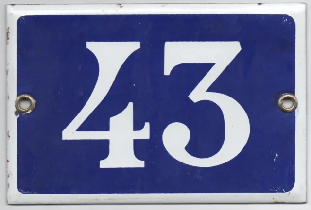Old blue French house number 43 door gate plate plaque enamel steel metal sign
