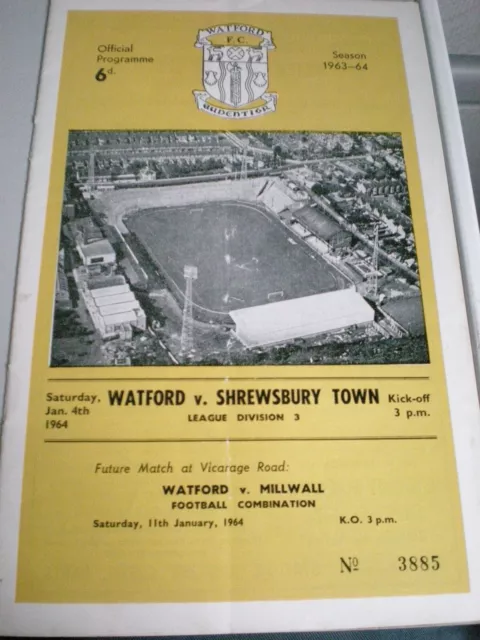 Watford v Shrewsbury Town - Div 3 - 4/1/1964 - Football Programme. VGC.